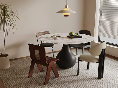 Modern Dining Room With Round Marble Table Chairs Pendant Light And Green Plant 3d model