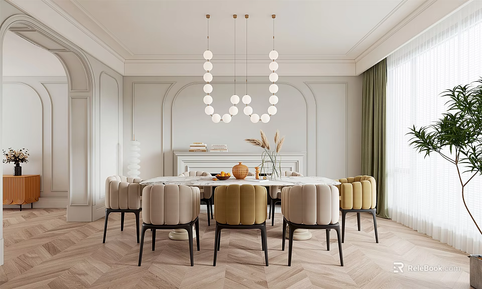 Elegant Restaurant Interior With Archways White Walls Round Chandelier Dining Table Upholstered Chairs Herringbone Flooring 3d model 