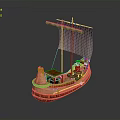 Ancient Wooden Sailing Boat Model With Decorative Bow And White Sail Structure