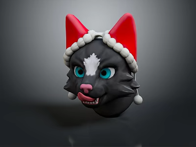 Cartoon Black Cat Head Wearing Red Santa Hat With White Pompom Trim Blue Eyes Pink Nose 3d model