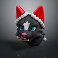 Cartoon Black Cat Head Wearing Red Santa Hat With White Pompom Trim Blue Eyes Pink Nose