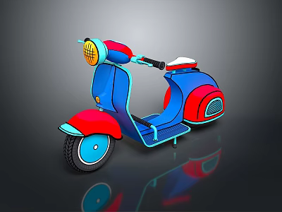 Red and Blue Modern Scooter with Classic Headlight White Seat and Smooth Body Reflection 3d model