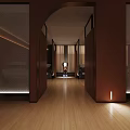 Modern Style SPA Sauna Room with Brown Partitions Wooden Flooring Lighting and Relaxation Area