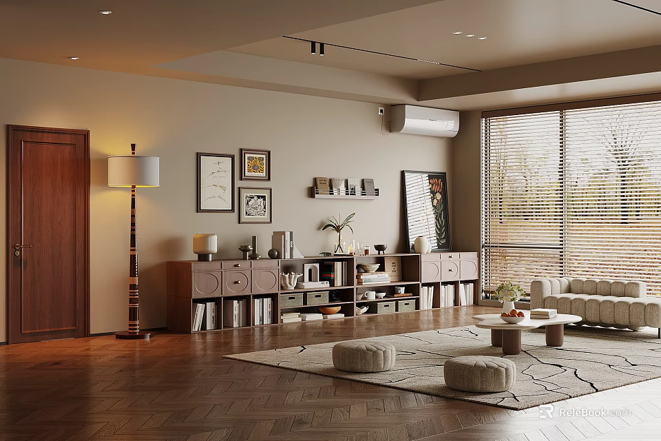 Warm Cozy Modern Living Room With Herringbone Wooden Floor And Stylish Full Wall Storage Cabinets 3d model 