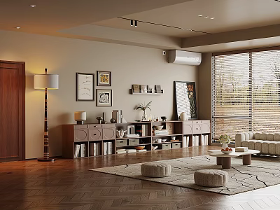 Warm Cozy Modern Living Room With Herringbone Wooden Floor And Stylish Full Wall Storage Cabinets 3d model