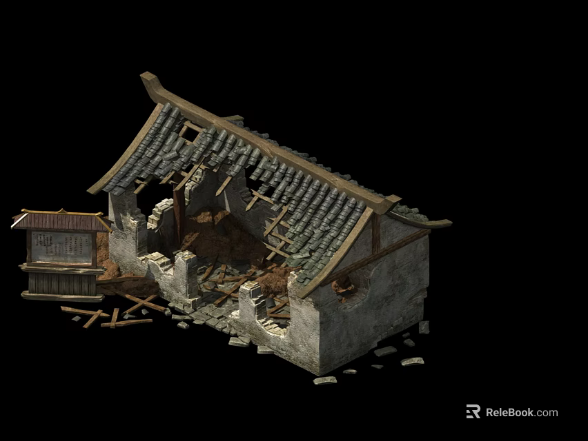 Collapsed Old House Structure With Dilapidated Tiles Wooden Beams And Stones 3d model 
