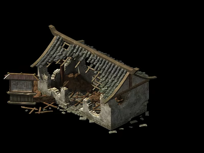 Collapsed Old House Structure With Dilapidated Tiles Wooden Beams And Stones 3d model