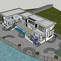 Modern Waterfront Guesthouse Building With Greenery Courtyard And Parking Area