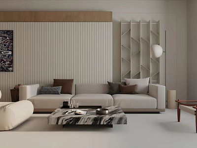 Elegant Modern Living Room Interior With Beige Sofa Marble Coffee Table And Lattice Bookshelf 3d model