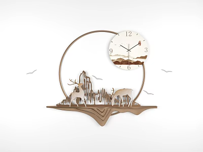 Creative Wall Decor With Circular Frame Clock Mountain Deer And Birds 3d model