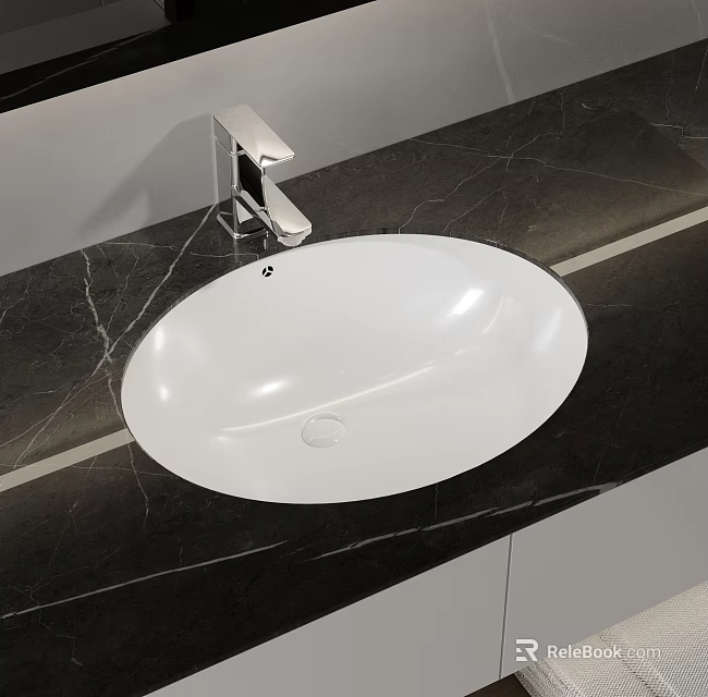 Stylish White Oval Washbasin with Silver Faucet on Black Marble Countertop 3d model 
