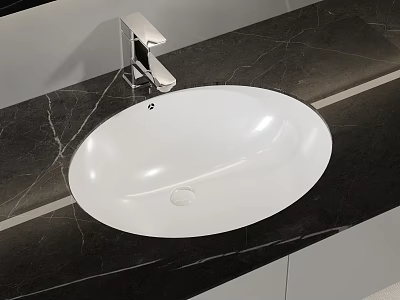 Stylish White Oval Washbasin with Silver Faucet on Black Marble Countertop 3d model
