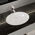 Stylish White Oval Washbasin with Silver Faucet on Black Marble Countertop