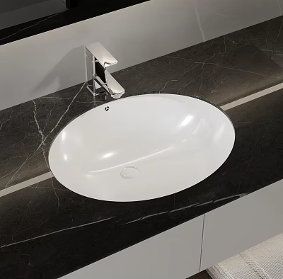 Stylish White Oval Washbasin with Silver Faucet on Black Marble Countertop 3d model