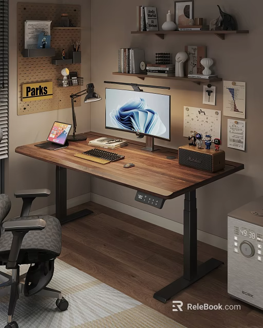 Modern Wooden Desk With Computer Monitor Tablet Keyboard Mouse Shelf And Chair 3d model 