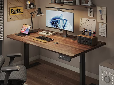 Modern Wooden Desk With Computer Monitor Tablet Keyboard Mouse Shelf And Chair 3d model