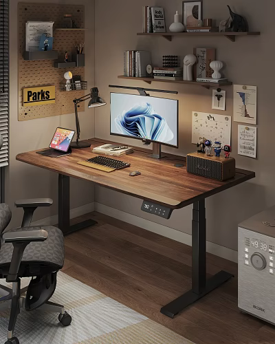 Modern Wooden Desk With Computer Monitor Tablet Keyboard Mouse Shelf And Chair 3d model