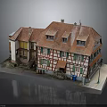 Multi Gable Traditional Half Timbered Building Model With Red Tile Roof And Green Windows