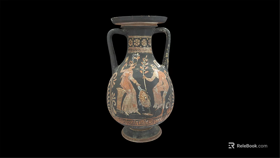 Ancient Greek Wine Amphora With Painted Figures And Plant Motifs On Black Background 3d model 
