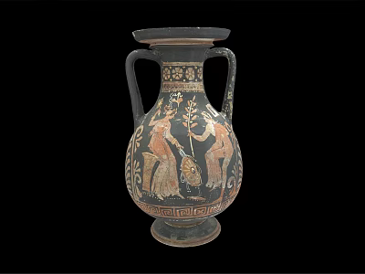 Ancient Greek Wine Amphora With Painted Figures And Plant Motifs On Black Background 3d model
