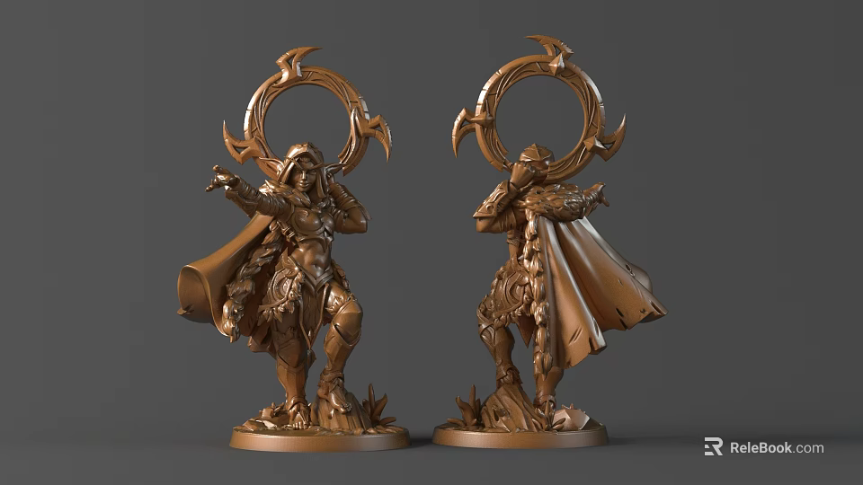 Golden Cloaked Sculptures With Circular Halo Top Pointing Playing Instrument And Detailed Base 3d model 