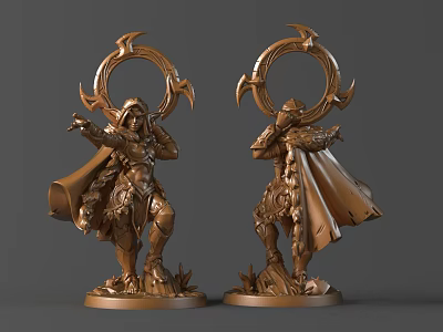Golden Cloaked Sculptures With Circular Halo Top Pointing Playing Instrument And Detailed Base 3d model