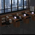 Modern Wooden Office Desks With Multiple Workstations Laptops And City View Through Large Windows