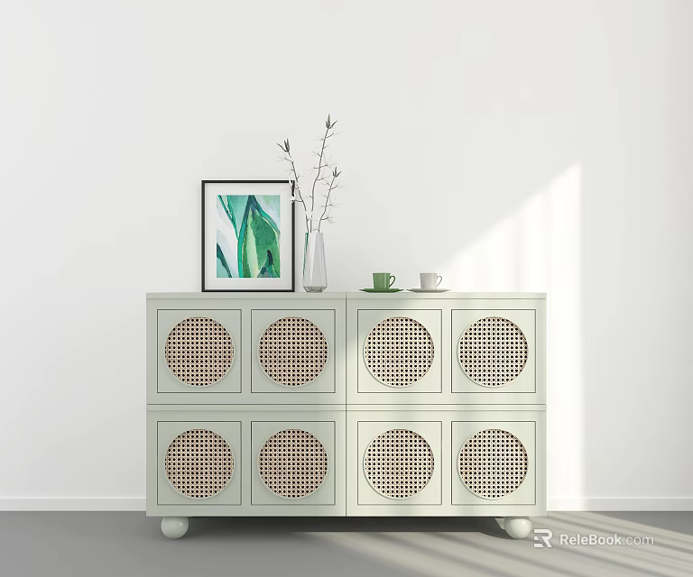 Modern White Entryway Side Cabinet with Rattan Round Doors and Decorative Painting Vase Cups 3d model 