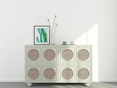 Modern White Entryway Side Cabinet with Rattan Round Doors and Decorative Painting Vase Cups 3d model