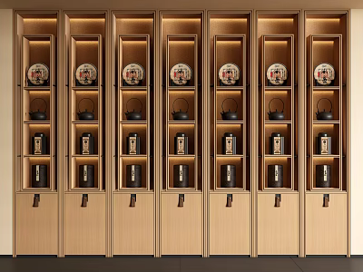 Modern Wooden Storage Cabinet Rack with Multiple Shelves Holding Organized Tea Sets and Jars 3d model