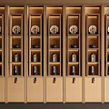 Modern Wooden Storage Cabinet Rack with Multiple Shelves Holding Organized Tea Sets and Jars