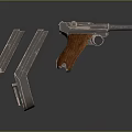 Vintage Classic Pistol With Wooden Grip And Metal Magazines On Dark Background