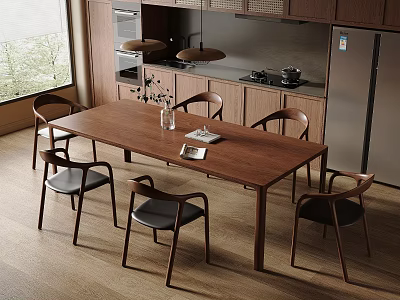 Modern Restaurant Dining Area With Wooden Table Chairs Open Kitchen Pendant Lights And Natural Light 3d model