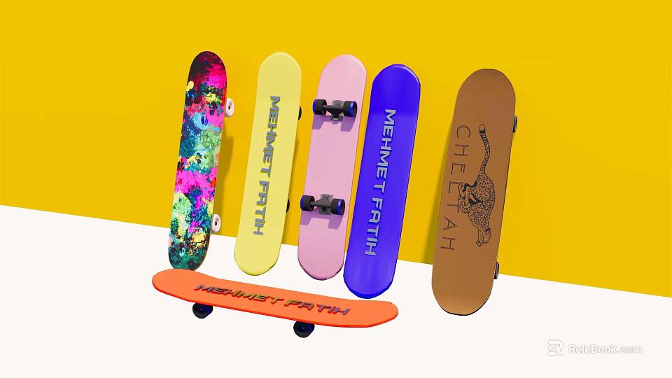 Colorful Skateboards With Various Designs Graphics And Text Displayed On Yellow Background 3d model 
