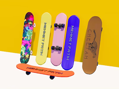 Colorful Skateboards With Various Designs Graphics And Text Displayed On Yellow Background 3d model