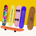 Colorful Skateboards With Various Designs Graphics And Text Displayed On Yellow Background