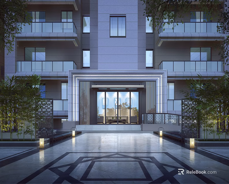 Modern Residential Building Featuring Glass Entrance Balconies Green Plants And Geometric Pattern Lighting 3d model 