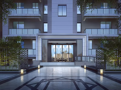 Modern Residential Building Featuring Glass Entrance Balconies Green Plants And Geometric Pattern Lighting 3d model