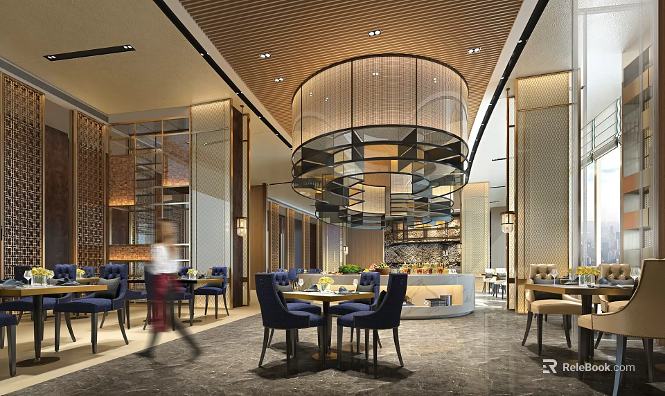 Modern Elegant Restaurant Interior Featuring Round Decorative Structure And Blue Dining Chairs 3d model 