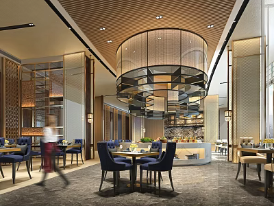 Modern Elegant Restaurant Interior Featuring Round Decorative Structure And Blue Dining Chairs 3d model