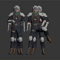Armed Soldiers In Uniforms With Helmets Knee Pads And Weapons Standing