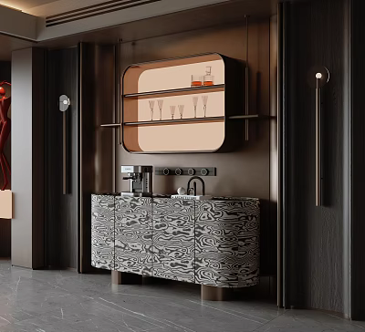 Elegant Modern Dining Room Sideboard With Marble Pattern And Wall Mounted Shelf 3d model