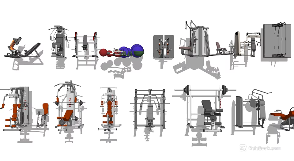 Various Fitness Equipment Including Multi functional Machines Dumbbells Barbells And Exercise Benches 3d model 