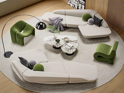 Modern Beige Modular Sofa And Coffee Table With Green Armchairs Round Rug And Decorative Items 3d model