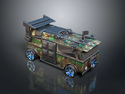Modern Camouflage Tank 3D Model With Blue Wheels And Top Equipment Design 3d model