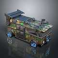 Modern Camouflage Tank 3D Model With Blue Wheels And Top Equipment Design