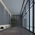 Modern Elevator Hallway Interior With Dark Walls Recessed Lighting Gray Floor And Plants