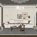 Luxurious Beige Living Room With Cloud Sofa Chandelier Framed Artworks Soft Rug And Arched Doorway
