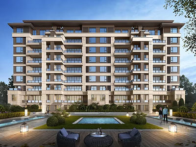 Contemporary Multi Storey Residential Building With Balconies Landscaping Swimming Pool Outdoor Seating And People 3d model