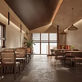 Cozy Cafe Interior With Wooden Tables Chairs Pendant Lights Concrete Floor And Large Windows